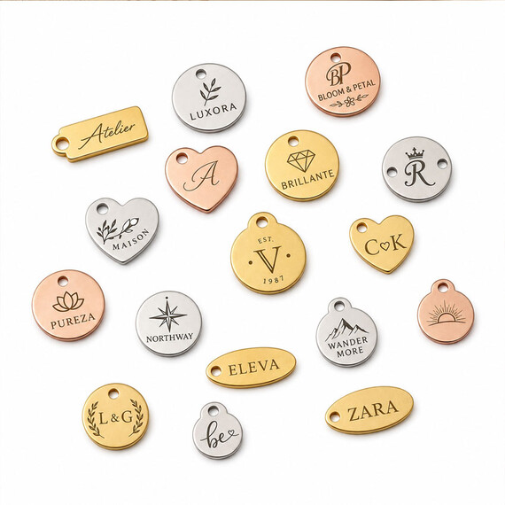 Collection of engraved jewelry tags in round, heart, oval, and rectangular shapes with gold, silver, and rose gold plating on a white background.