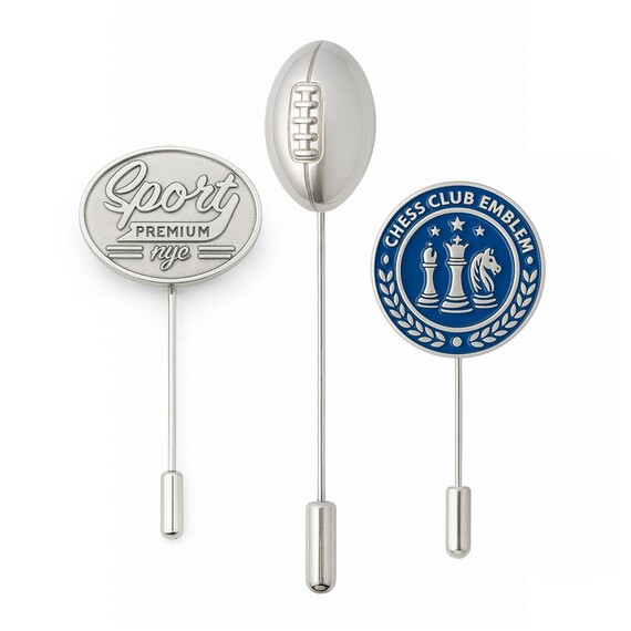 Sterling Silver Stick Pins - Custom Logo 925 Sterling Silver Stick Pin Collection Featuring Engraved Oval Sport Premium Pin 3D Rugby Ball Pin and Blue Enamel Chess Club Emblem Pin