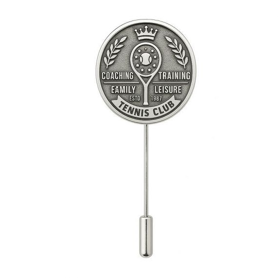 Custom Round Antique Silver Embossed Tennis Club Coaching Training Family Leisure ESTD 1987 Personalized Stick Pin in 925 Sterling Silver