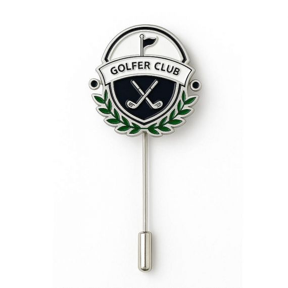 Custom Die-Cut Hard Enamel Golfer Club Crest Stick Pin with Green Laurel Wreath Black Shield and Crossed Clubs Badge Design in 925 Sterling Silver