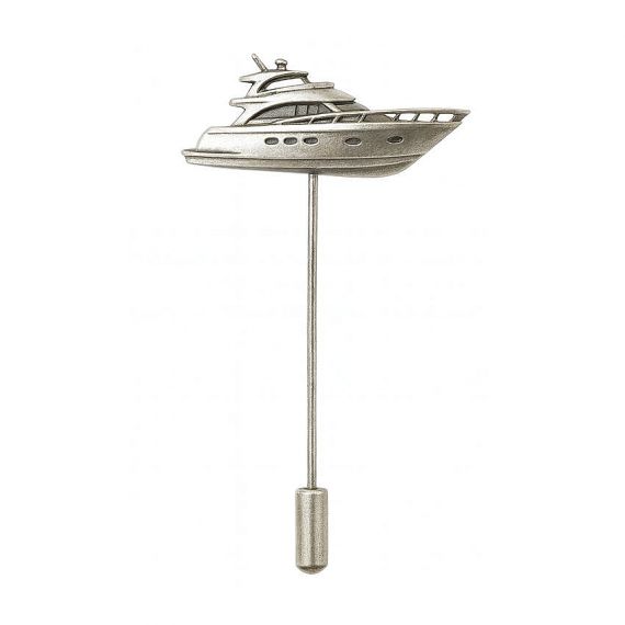 Custom 3D Die-Cast Antique Silver Luxury Motorboat Yacht Figural Stick Pin for Nautical Club Branding and Corporate Gift in 925 Sterling Silver