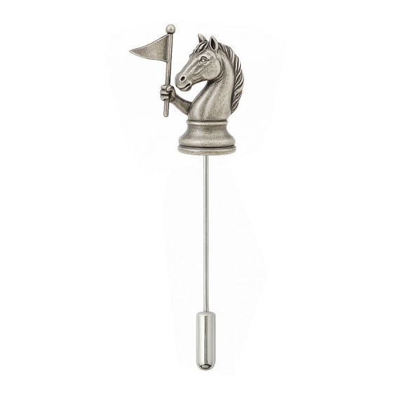 Custom 3D Antique Finish Chess Knight Horse Head with Flag Figural Novelty Stick Pin for Equestrian and Chess Club Merchandise in 925 Sterling Silver