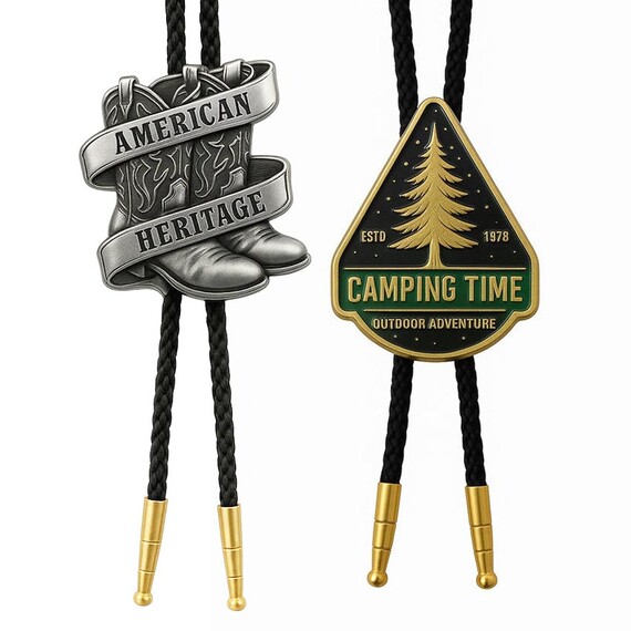 Custom Bolo Ties - Personalized Western Bolo Ties featuring Antique Pewter Cowboy Boots and Enamel Camping Adventure Logos