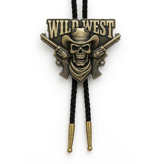 Unique Custom Wild West Skull Bolo Tie with Antique Brass Finish and Dual Revolver Design