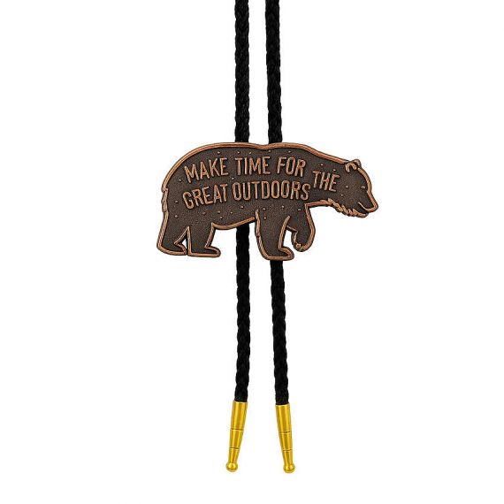 Custom Antique Copper Bear Shape Bolo Tie with "Make Time for the Great Outdoors" Engraving