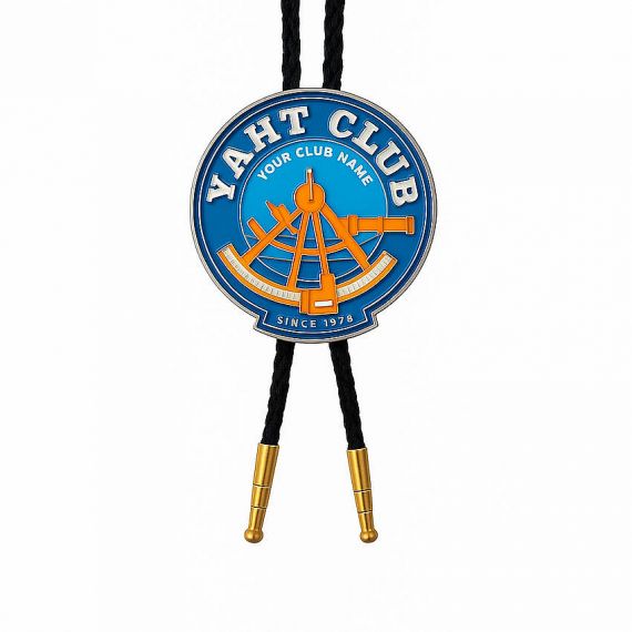 Bespoke Yacht Club Bolo Tie with Circular Blue Enamel Logo and Gold Plated Nautical Symbol
