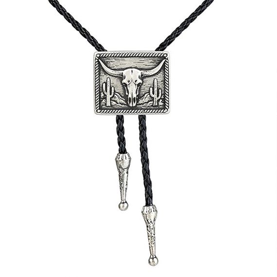 Custom Antique Silver Longhorn Bull Skull Bolo Tie with Rectangular Desert Cactus Design