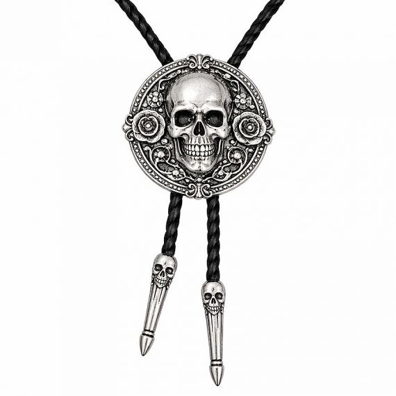 Bespoke Skull and Roses Bolo Tie featuring Antique Silver 3D Relief and Custom Skull Aglets