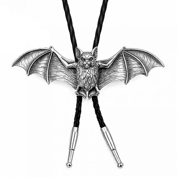 Personalized Gothic Bat Bolo Tie with Detailed Antique Silver Wing Spanning Design