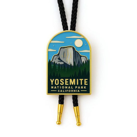 Custom Yosemite National Park Bolo Tie with Colorful Hard Enamel Landscape Design and Gold Tips