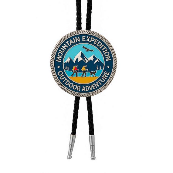Custom Mountain Expedition Outdoor Adventure Bolo Tie with Circular Hiking Scene Enamel Badge