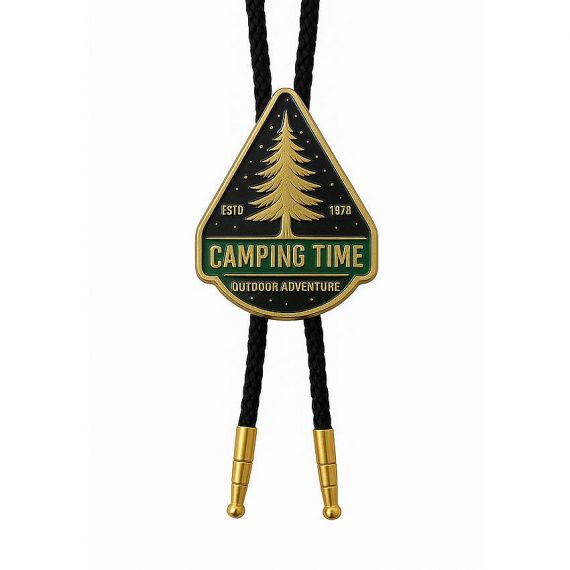 Custom Camping Time Outdoor Adventure Bolo Tie with Gold Plated Pine Tree and Green Enamel