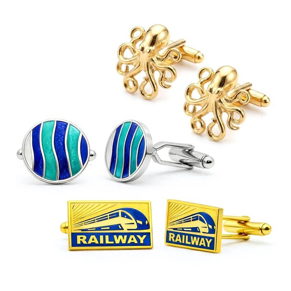 Custom Cufflinks - Various Custom Logo Cufflinks Collection featuring 3D Gold Octopus, Colorful Enamel Waves, and Railway Branding