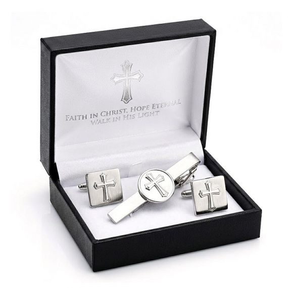 Custom Religious Silver Tie Clip and Square Cufflinks Set with Embossed Cross Design and Gift Box
