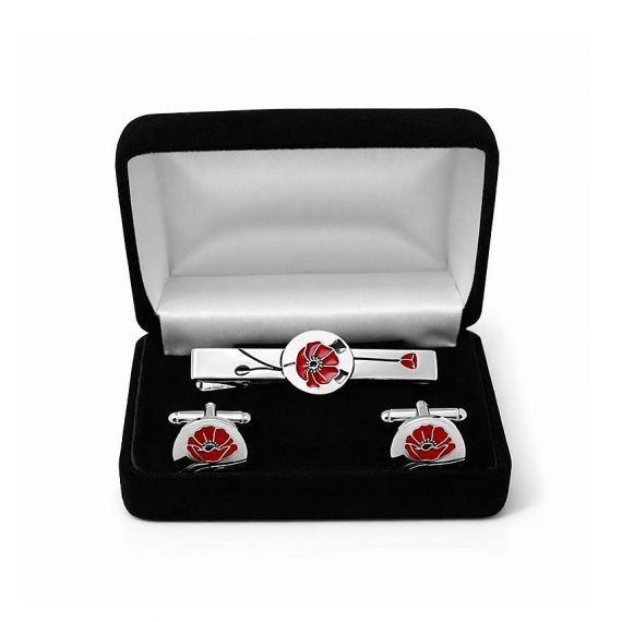 Custom Enamel Poppy Flower Tie Bar and Cufflinks Gift Set with Personalized Luxury Presentation Box
