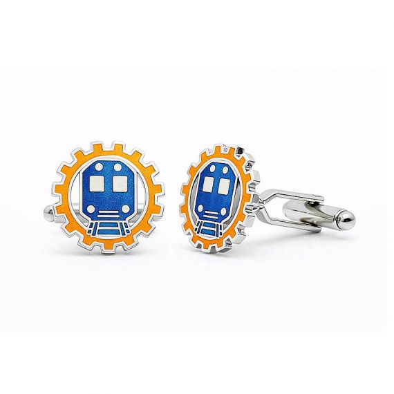 Custom Gear-Shaped Railway Cufflinks with Orange and Blue Soft Enamel Corporate Logo