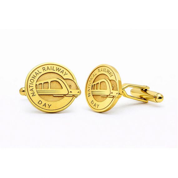 Personalized National Railway Day Commemorative Cufflinks with Sandblasted Gold Texture