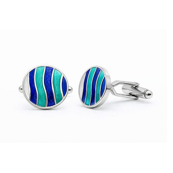 Customized Round Enamel Cufflinks with Multi-Color Blue and Teal Wave Pattern Design