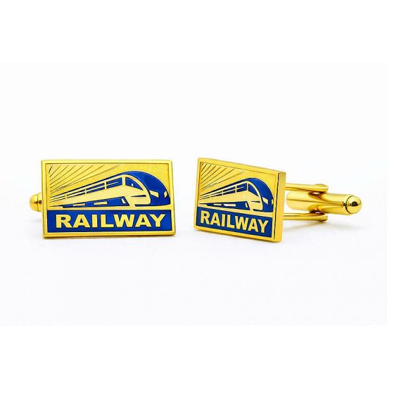 Custom Rectangular Railway Logo Cufflinks with Vibrant Blue and Yellow Enamel on Gold Base