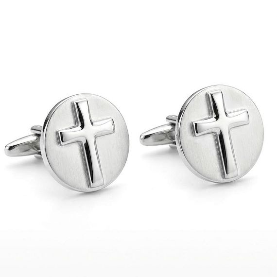 Personalized Christian Cross Religious Cufflinks with Raised 3D Metal Design on Satin Silver Disc