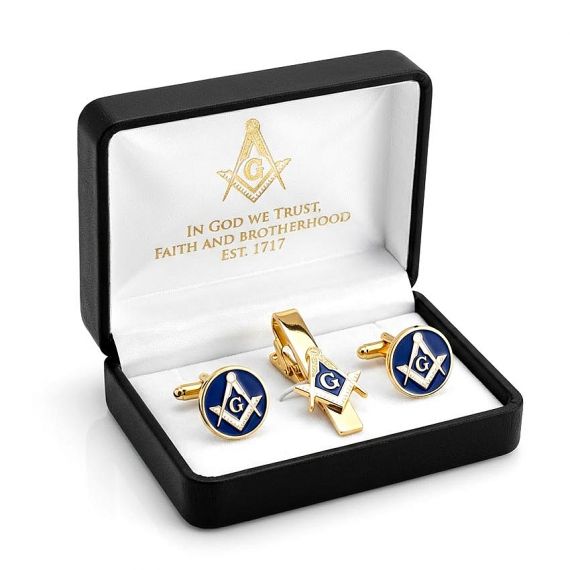 Premium Custom Masonic Tie Bar and Cufflinks Gift Set with Blue Soft Enamel and Gold Plating