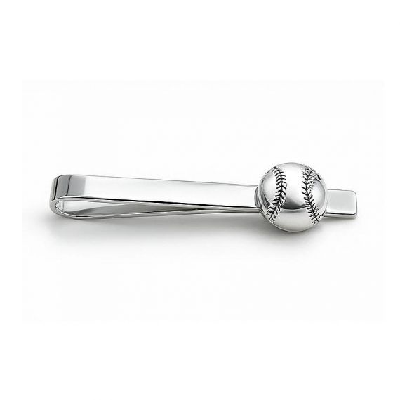 Unique Custom 925 Sterling Silver Sports Tie Bar with 3D Miniature Baseball Charm Attachment