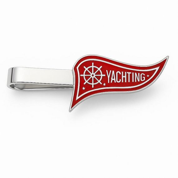 Customized Sterling Silver Tie Slide with Red Enamel Yachting Flag and Ship's Wheel Nautical Branding