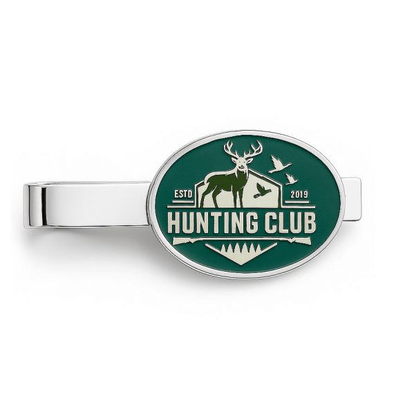 Bespoke Sterling Silver Hunting Club Tie Clip with Dark Green Enamel Stag and Bird Logo