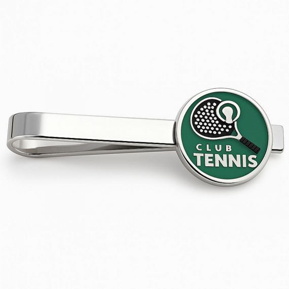 Custom 925 Silver Round Tie Clip for Tennis Clubs with Green Soft Enamel and Racquet Silhouette