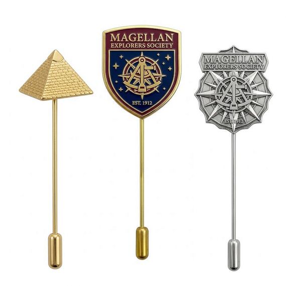 Custom Logo Lapel Stick Pins - Manufacturer Custom Metal Stick Pins featuring 3D Gold Pyramid, Magellan Explorers Society Enamel Shield, and Antique Silver Compass Designs
