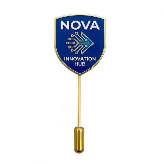 Personalized NOVA Innovation Hub Shield Stick Pin with Blue Enamel and Modern Circuit Logo Detail