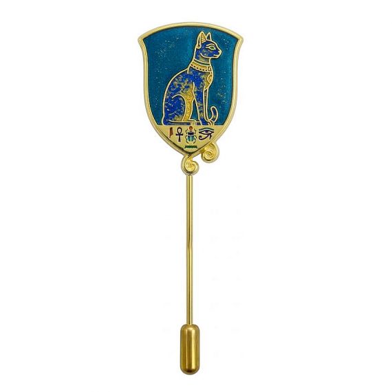 Custom Egyptian Bastet Cat Shield Stick Pin with Glitter Blue Enamel and Gold Plating