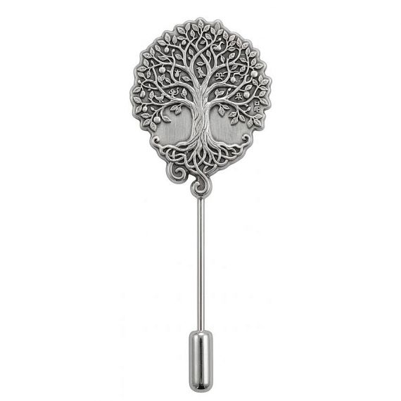 High-Detail Bespoke Antique Silver Tree of Life Stick Pin with Complex Branch and Root Sculpting