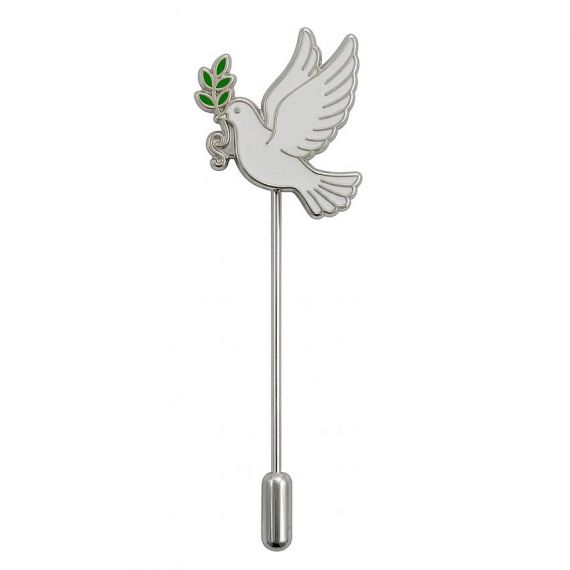 Custom Soft Enamel Dove of Peace Stick Pin with White Enamel Body and Green Olive Branch Detail