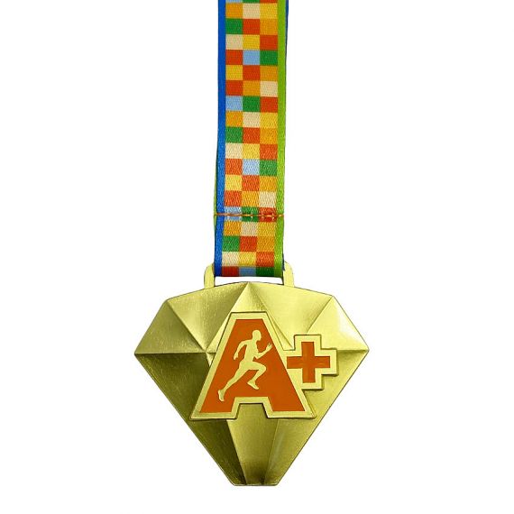 Diamond-shaped A+ metal running medal with colorful checkered ribbon