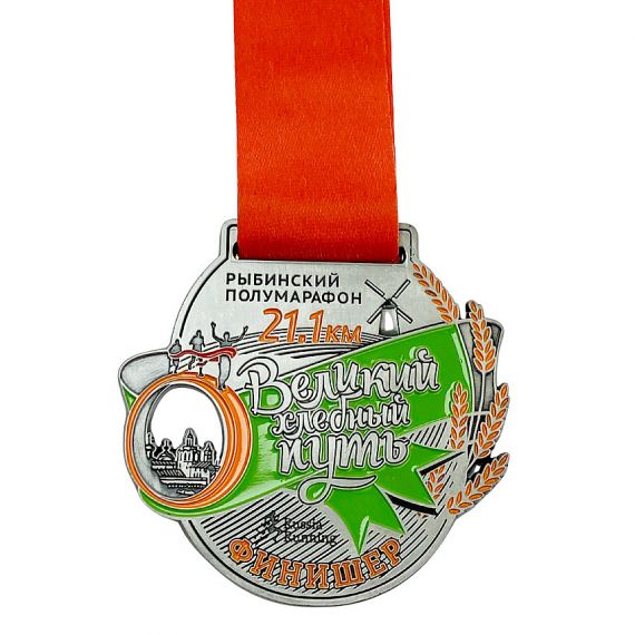 silver custom award marathon medal with ribbon