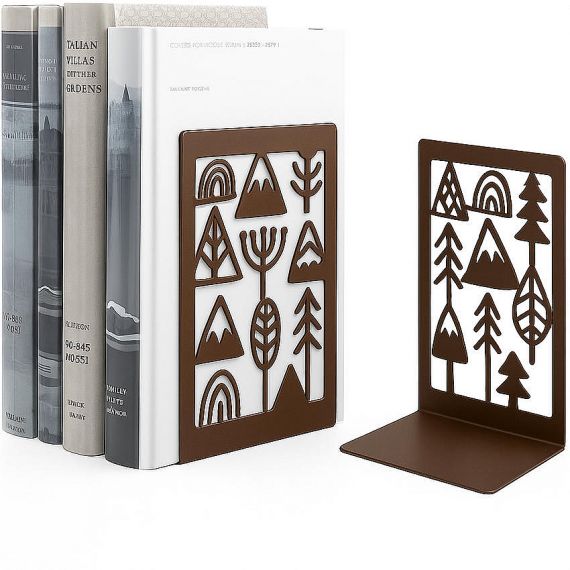 Custom laser cut metal bookends with brown powder coated finish, featuring decorative mountain and forest patterns for modern home office decor.