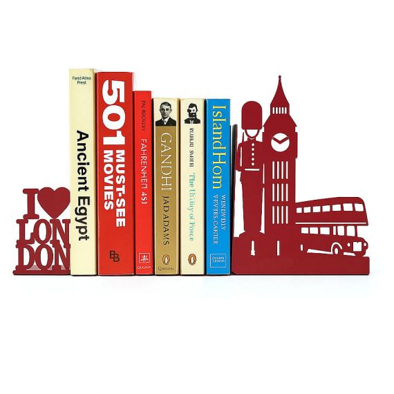 Bespoke London souvenir metal bookends featuring Big Ben and red bus silhouettes, personalized heavy duty decorative book supports for shelves.