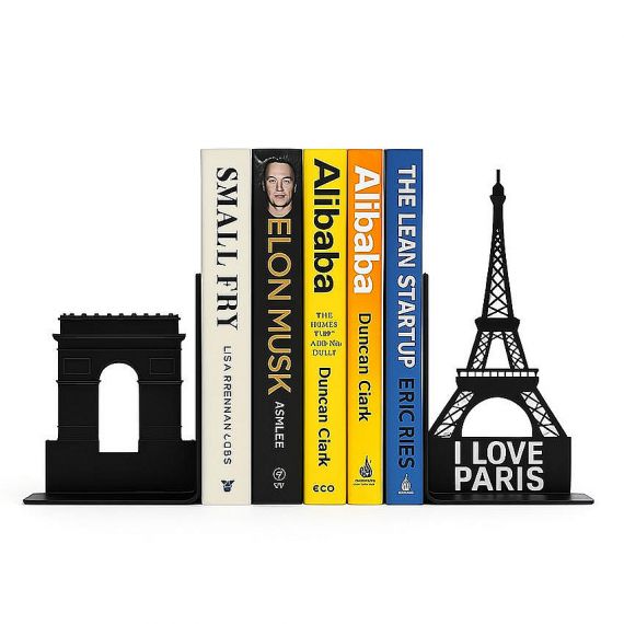 Premium custom Paris theme metal bookends with laser-cut Eiffel Tower and Arc de Triomphe designs, high-quality promotional souvenirs for bookstores.