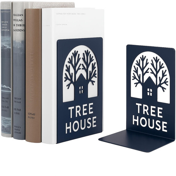 Custom Metal Bookends - Heavy duty navy blue metal bookends with custom "TREE HOUSE" hollow-out design, professional manufacturer of personalized metal stationery.