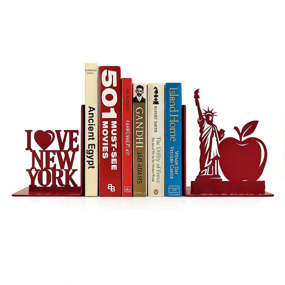 Custom "I LOVE NEW YORK" metal bookends featuring the Statue of Liberty and apple silhouette, bespoke red powder coated decorative bookends.