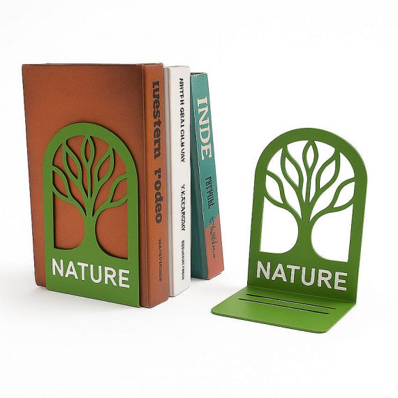 Personalized "NATURE" theme green metal bookends with laser cut tree design, high-quality custom metal organizers for home and office.