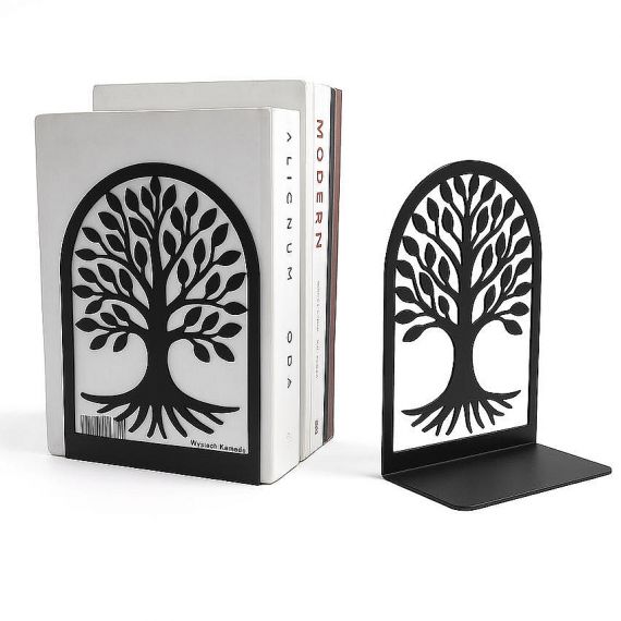 Bespoke black laser cut metal bookends featuring an intricate tree of life silhouette, durable personalized decorative bookends for shelf organization.