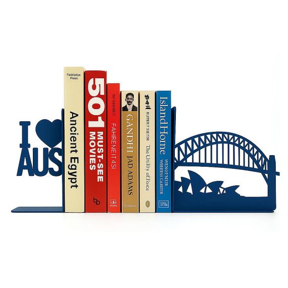 Custom Australia souvenir metal bookends with Sydney Opera House and Harbour Bridge designs, personalized blue powder coated book supports.