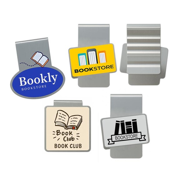 Ready-Design Metal Bookmark Clips - Wholesale custom logo metal bookmark clips in various shapes with high-quality offset printing for bookstores and library promotions.