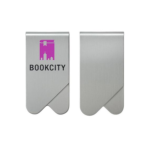 Wholesale personalized stainless steel bookmark clip with custom purple "BOOKCITY" logo and professional brushed metal finish for library souvenirs.