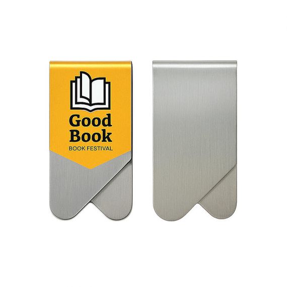Bespoke metal paper clip bookmark with vibrant yellow "Good Book" festival logo and durable heart-shaped overlapping design for promotional gifts.