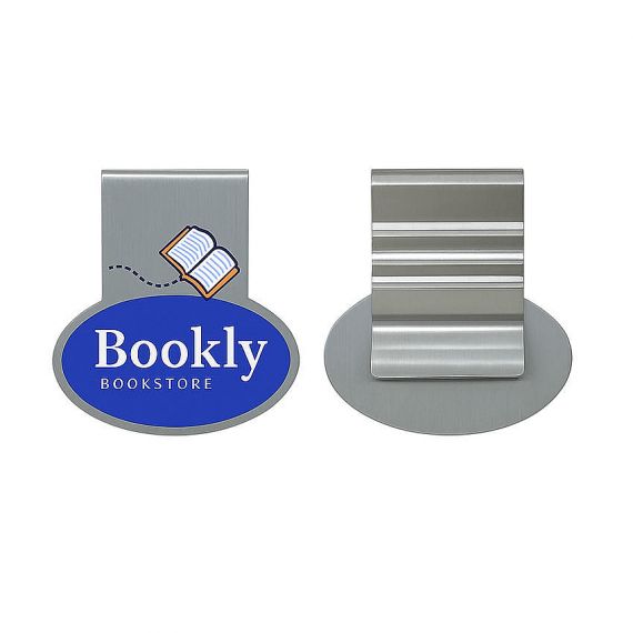 Personalized oval stainless steel paper clip bookmark with custom bookstore logo and durable corrugated metal back for secure page holding.