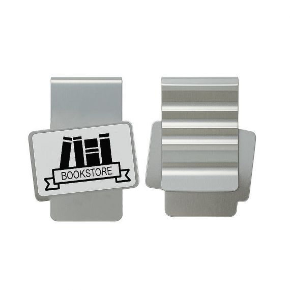 Bespoke rectangular metal page clip with black and white logo printing and professional brushed metal finish for corporate stationery gifts.