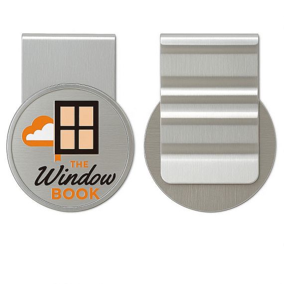 Customized round metal bookmark clip with window book logo design and anti-slip corrugated clip back manufactured by metal factory.